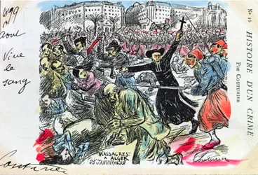 Postkarte, die das Massaker an den Juden in Algier am 25. Januar 1899 darstellt
